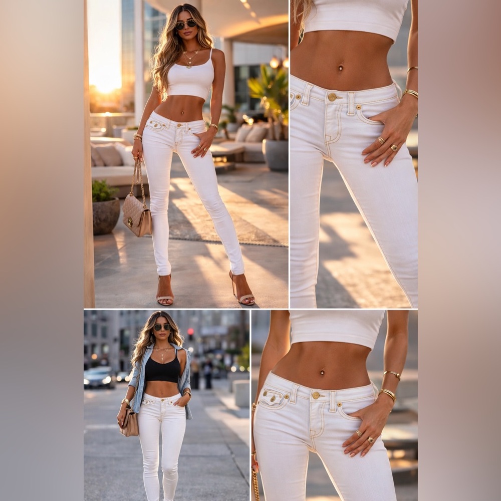 True Religion White Skinny Jeans with Gold Hardware – Size 24